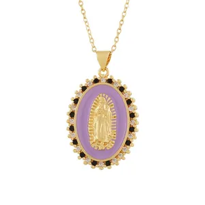 Detailed view of Our Lady of Guadalupe oval pendant with purple enamel and gold relief