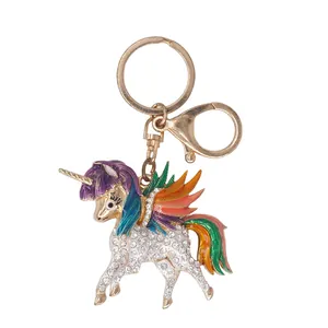 Elegant rhinestone-studded unicorn alloy keychain with rainbow enamel wings and tail