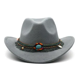 Close-up of grey wool cowboy hat with colorful ethnic band and turquoise stone detail