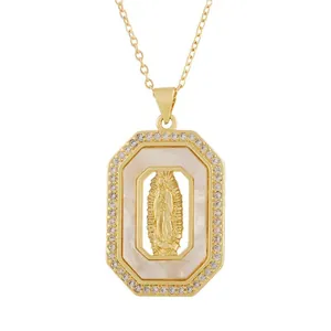 Gold-plated octagonal pendant necklace featuring Virgin Mary and mother of pearl inlay