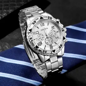 Elegante orologio al quarzo da uomo in acciaio inossidabile argento con quadrante bianco e GENEVA