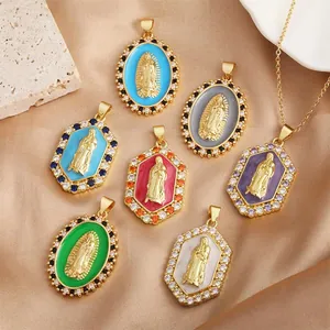 Detail view of colorful Virgin Mary enamel pendants with glittering rhinestone borders