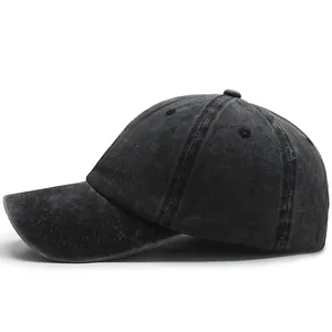 Cappellino da baseball vintage in cotone lavato nero con visiera curva, stile unisex
