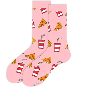 Detail view of pink cotton crew socks featuring cute cartoon pizza slices and soda cup patterns