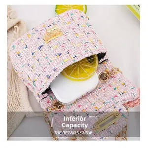 Detailed internal capacity view of pink tweed crossbody bag for kids with gold chain