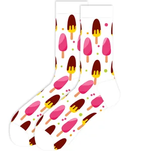 Fun crew socks with colorful popsicle pattern on a white background detail view