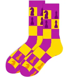 Purple and yellow chessboard pattern crew socks with chess piece silhouette design
