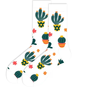 White crew socks featuring vibrant cartoon cactus and orange flower patterns for a fun style