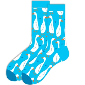 Close-up of vibrant sky blue socks featuring a cute allover white duck pattern