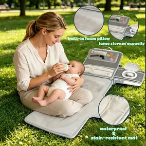 Tapis à langer portable imperméable avec oreiller et poches de rangement bébé