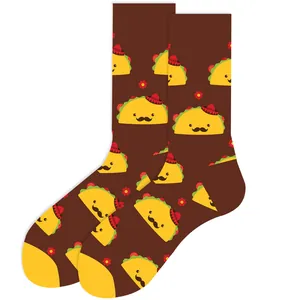 Detailed macro view of funny mustache taco and sombrero pattern on brown crew socks