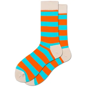 Chaussettes mi-mollet à rayures orange et turquoise avec talon et pointe crème de coton