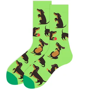 Close-up detail showing the playful cartoon dachshund dog pattern on light green crew socks