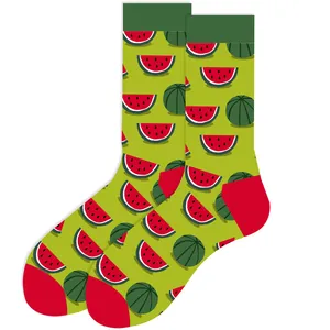 Close-up detail showing the vibrant watermelon slice and whole fruit pattern on crew socks