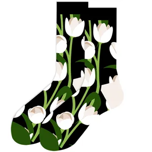 Stylish black crew socks featuring an elegant white tulip floral print and green leaves