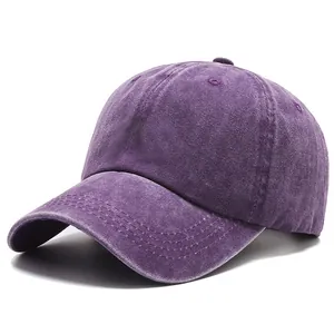Vintage distressed purple washed cotton baseball cap with curved brim and plain design