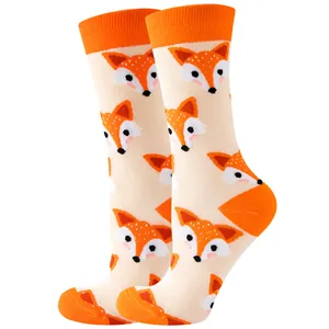 Cute cartoon fox pattern mid-calf crew socks for men and women with orange heel and toe