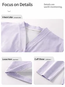 Detail view of the V-neck collar, loose hem, and sleeve cuffs of purple maternity pajamas