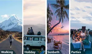 Lifestyle-Szenen-Collage zeigt Gehen, Urlaub, Sonnenbaden und Party-Anlässe für Damen