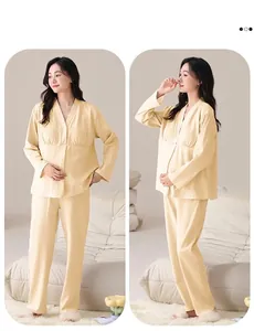 Two-angle view of a soft yellow long-sleeved maternity and nursing loungewear set.