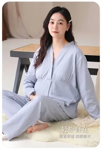 Comfortable long-sleeve light blue maternity pajama set for autumn and winter