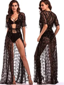 Robe Maxi Sexy Transparente à Paillettes pour Femmes Col en V Manches Courtes Mesh Élégante Robe de Soirée Clubwear