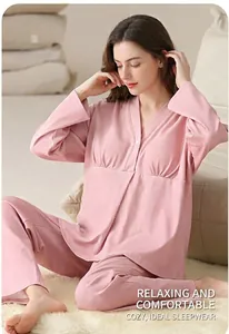 Soft pink long sleeve maternity pajama set with nursing pads for postpartum comfort