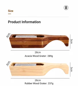 Détails et dimensions des râpes à fromage en bois d'acacia et de caoutchouc inox