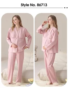 Soft pink long-sleeve maternity pajama set for autumn and winter pregnancy home wear