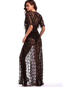 Robe de soirée longue noire transparente avec paillettes scintillantes et perles brodées
