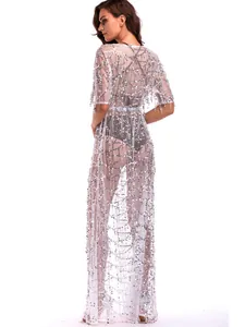 Robe de soirée longue et sexy en maille transparente avec paillettes argentées