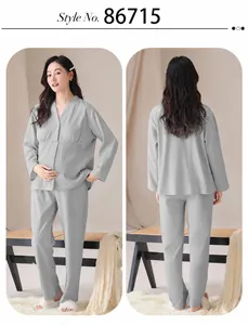 Grey maternity pajama set with long sleeves and pants, front and back view details.