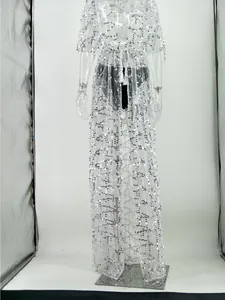 Robe longue sexy blanche transparente avec paillettes argentées et cordon.