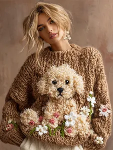Französischer Retro Digitaldruck Übergroßer Pullover Für Damen 2025 Herbst Winter Langarm Rundhals Lässiges Strickoberteil