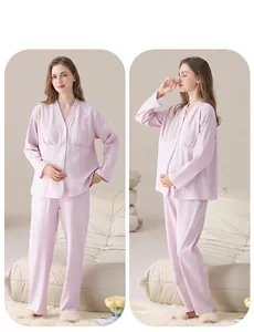 Soft pink maternity pajama set with long sleeves and nursing-friendly V-neck top.