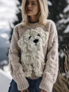 Gemütlicher beige Strickpullover mit süßem 3D-Struktur-Pudel-Aufnäher für den Winter