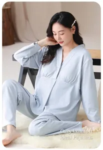 Comfortable light blue maternity pajama set with long sleeves and pants in a cozy setting.