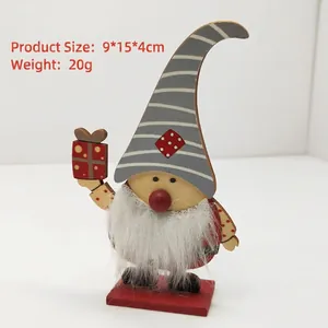 Wooden Christmas gnome decoration with long beard and gift, 15cm height, 20g weight.