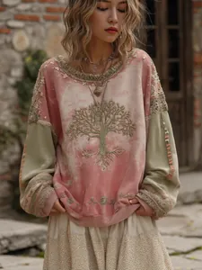 Böhmischer Batik-Strickpullover mit Lebensbaum-Druck und feinem Spitzenbesatz