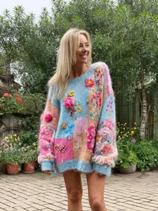 Boho-Oversize-Strickpullover aus Mohair mit bunten 3D-Blumenstickereien für Damen