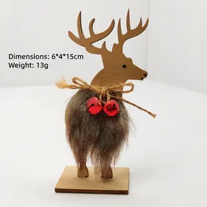 Wooden Christmas reindeer ornament decoration with faux fur and festive red bells