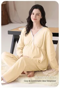 Comfortable light yellow maternity pajama set with lace trim for postpartum wear
