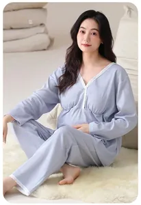 Comfortable maternity postpartum pajama set in light blue with delicate white lace trim details