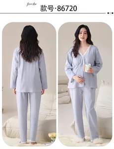 Full detailed view of lavender maternity pajamas set with V-neck lace and long sleeves