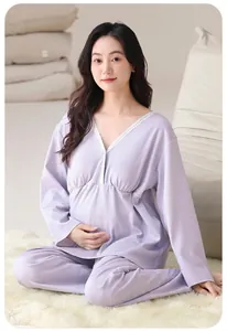 Comfortable purple maternity pajama set featuring lace V-neck and soft fabric for home.