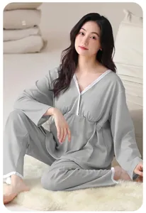 Comfortable gray long-sleeve maternity pajama set with lace trim for autumn loungewear