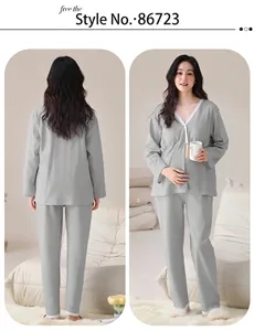 Grey long-sleeved maternity pajama set with lace V-neck for prenatal loungewear
