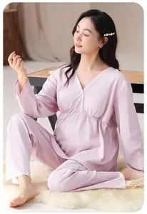 Soft lavender maternity pajama set with long sleeves for autumn and winter comfort.