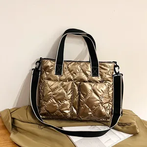 Women Puffer Tote Bag Large Capacity Quilted Space Cotton Shoulder Bag Metallic Satin Handbag Street Trend Daily Commute Purse