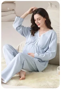 Detail view of comfortable light blue maternity pajama set for pregnancy and postpartum wear
